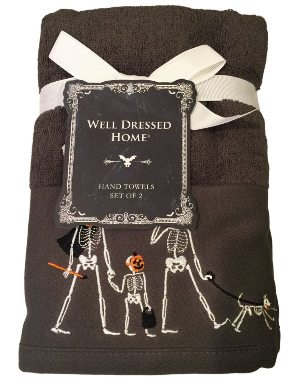 Halloween Skeleton Family Walking Dog Gray Hand Towels 16" x 28" Set of 2